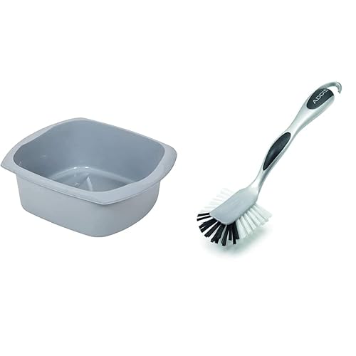 Addis 518459 Eco Made from 100% Recycled Plastic Large Rectangular Washing Up Bowl, 9.5 Litre, Light Grey & 501120 Ultra Grip Jumbo Dish Brush Dark Grey