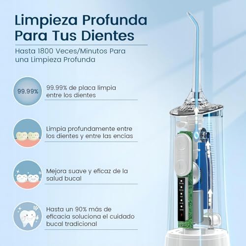 Irrigador oral portátil, irrigador dental profissional sem fio vimmk 8 bicos 5 modos, ipx7 à prova d'água 300ml usb-c recarregável para limpeza de dentes, para casa e viagens (branco)
