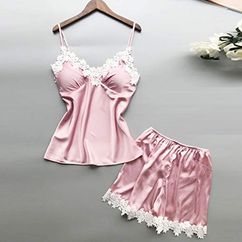 Womens Sexy Lingerie Satin Pajamas Cami Shorts Set Nightwear with Lace Trim Pink