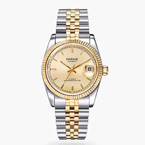Parnis 36MM Gold Dial Sapphire Crystal Two-Tone 21 Jewels Miyota Automatic Movement Men's Watch Date