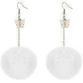 Colorful Faux Fur Fluffy Ball Earrings for Women - Butterfly Pom Pom Pendant Dangle Drop Earrings in Soft Plush Pink