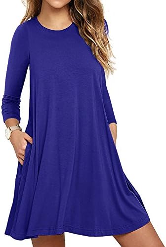 UMETINY Women's Pockets Casual Swing T-shirt Dresses (L, Long Royal Blue)