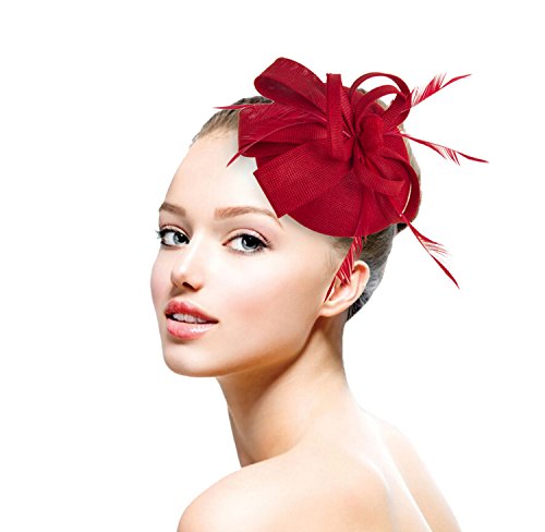 Acecharming Fascinators for Women, Feather Sinamay Fascinators with Headbands Tea Party Pillbox Hat Flower Derby Hats(Red-03)