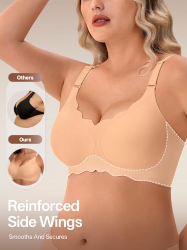 Angelhood Seamless Jelly Bras for Women Wireless Push Up T-Shirt Bra Pack | Full Coverage, V Neck, No Underwire, Everyday Comfort, Convertible Bralettes, Supportive, Back Smoothing, Scalloped Brassiere