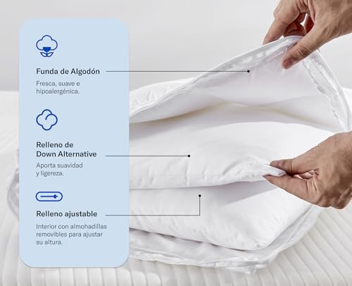 Luuna Almohada Ajustable Down Alternative, tamaño Estándar. Funda 100% algodón, Alto Confort y Relleno Ajustable. Hipoalergénica y antiácaros.