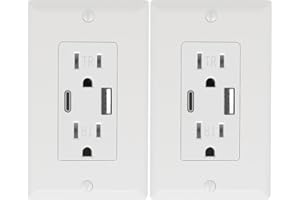 2 Pack - POWAWINI Wall Outlet 15 Amp, UL Listed, USB C & USB A Port, Self-Test with LED Indicator, Tamper-Resistant Receptacle with Decor Wall Plates and Screws (White)