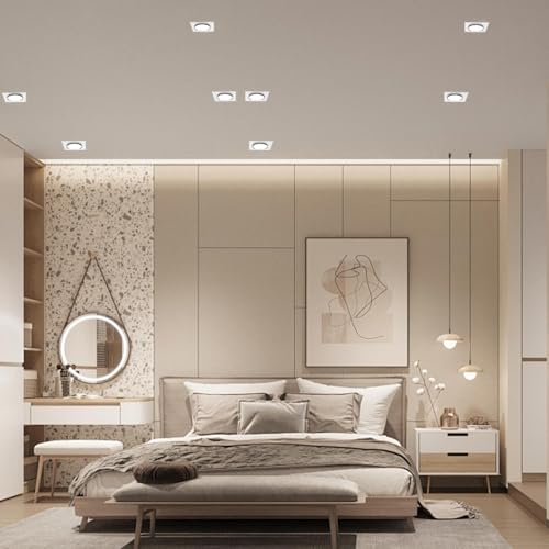 LteelDay 12 x LED Recessed Frames with GU10 Lampholders, Square White Matt in Metal, Cutout 68-80 mm, Rotatable 30°, Incl. GU10 Lamp Holder for LED or Halogen Bulbs