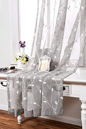 AmHoo Floral Leaf Embroidery Semi Sheer Curtain Rod Pocket Voile Sheer Curtains Set of 2 for Living Bedroom Window Treatment (Light Grey, 53 x 84)