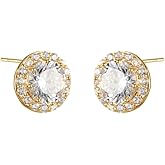 Kokoma Round Crystal Stud Earrings, Gold Plated Sterling Silver Posts Cubic Zirconia Halo Statement Earrings Dainty Women's Fashion Jewelry