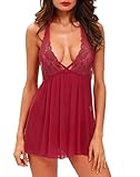JuicyRose Women's Sexy Lingerie Lace Sleepwear Halter Babydoll V-String Miniskirt (XX-Large, Merlot)