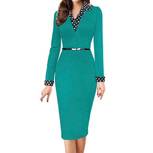 TAORE Long sleeve Women's Casual Slim Bodycon Cocktail Dress Business Party Work Pencil Dress (L(US6), S01-Green)