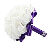 OurWarm® Purple Crystal Roses Pearl Bridal Bridesmaid Wedding Bouquet Artificial Silk Flowers