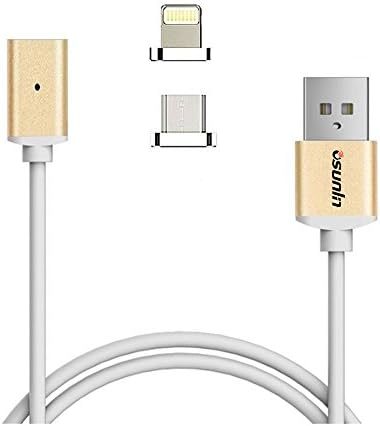Osunlin 2 in 1 Strong Magnetic Adapter Micro Usb and Lightning 3.3ft Best Charging and Data Cable Sync Cord with LED Indicator for Android and Apple Devices (TPE-Gold)