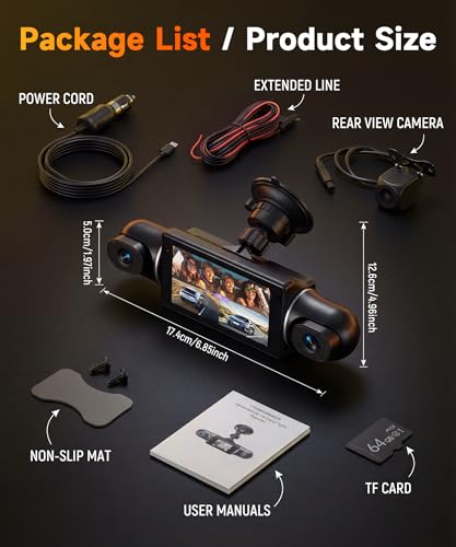 VECHTEL 2K/1080P Car Dashcam Front and Rear Wifi 4* Dash Cam Car Camera with 3 Inch IPS Screen, Night Vision, G-Sensor, 360 Degree Protection, with 64GB SD Card