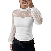 Ninimour Women Rhinestone Top Mock Neck Lantern Long Sleeve Shirt Sheer Mesh Spliced Tee Hollow-Out Back Slim Fit Top