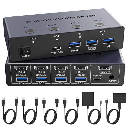 8K@60Hz HDMI KVM Switch 4 Computers 1 Monitor with 4 USB 3.0 Ports Aluminum KVM Switches Share One Monitor Keyboard Mouse Hard Drives Printer with 4 USB Cables and Desktop Controller