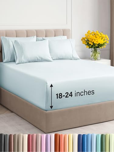 Photo 1 of Extra Deep Cal King Sheet Set - 6 Piece Breathable & Cooling Sheets - Hotel Luxury Bedding Set w/18-24 Inch Extra Deep Pockets - Easy Fit - Super Soft, Wrinkle Free & Comfy - Ice Blue, Cal King Size