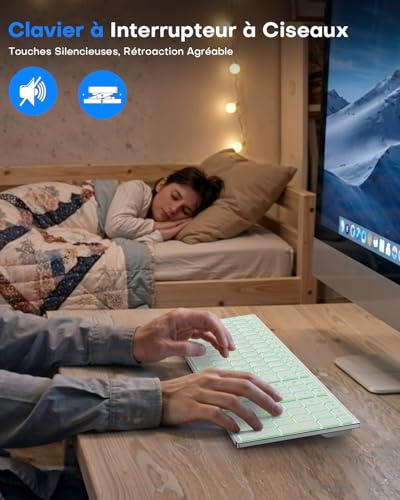 OMOTON Aluminium Wireless Mac Keyboard, 2.4G & Bluetooth (BT1/BT2), AZERTY Backlit Keyboard for Apple Macbook Pro/Air, Mac Mini, iMac, iMac Pro, Silent Rechargeable, Silver