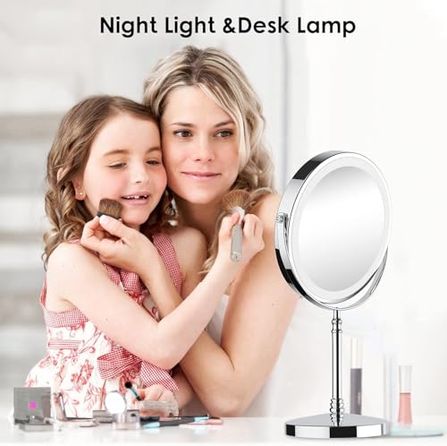 Lighted Makeup Mirror, 3000 mAh Rechargeable Double Sided Magnifying Vanity Mirror with 3 Colors, 1x/10x, 360° Rotation , Brightness Adjustable Magnification Cosmetic Light up Mirror, Women Gift