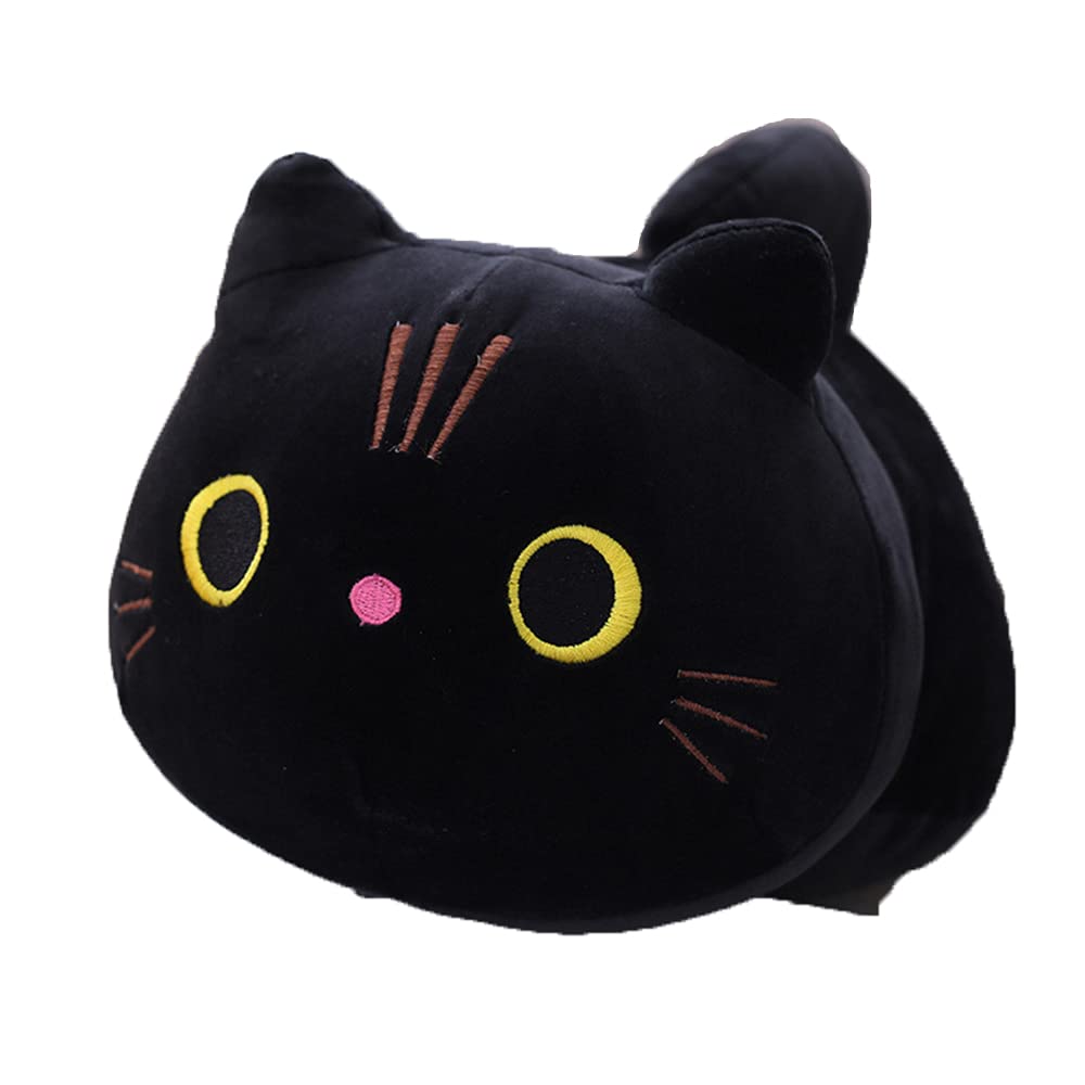 OUKEYI Black Cat Plush Pillow, Stuffed Animals with Black Cat, Creative Decoration Cuddly Plush Pillows 25cm for Kids Girls Boys (Black)
