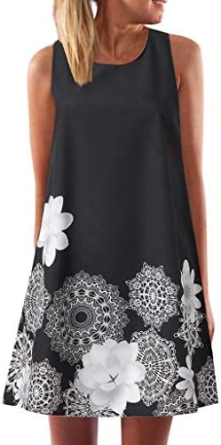 Dressin Womens Dress Summer O-Neck Boho Sleeveless Floral Printed Beach Mini Dress Casual T-Shirt Tank Tops Short Dress
