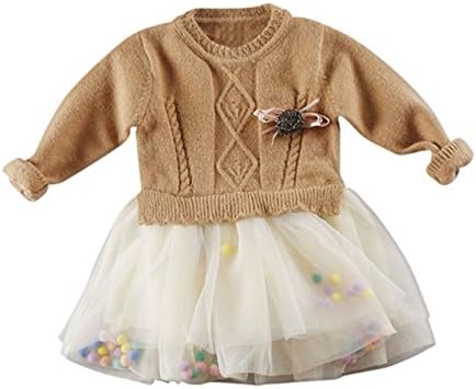Natalie Little Girl's Sweater Tutu With colorful Pom Pom Tan (5)