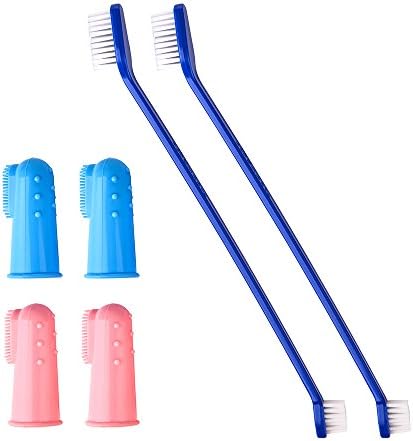 Cat & Dog Puppy Dual Headed Toothbrush with Soft Bristles and Pets Finger Toothbrush Set of 6 for Small to Large Dogs, Cats, & Most Pets …