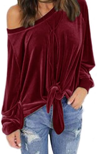 YunPeng Women's Pullover Bandage One Shoulder Velvet Solid Long Sleeve T-Shirt Top, Wine, Small