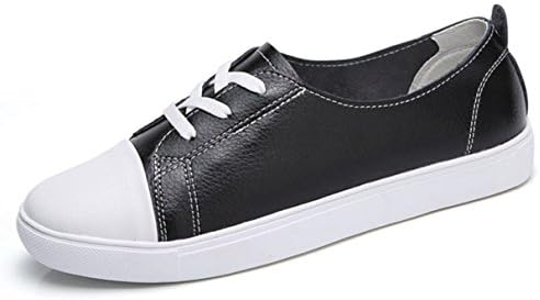 York Zhu Women Fashion Sneakers, Black White Lace up Flat Round Toe Loafers Shoes