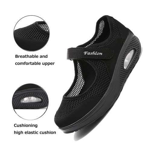 aeepd Women Nurse Shoes Walking Slip On Sneakers Mary Jane Velcro Breathable Mesh Platform Rocker Bottom Black