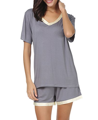 Invug Women Nightwear Short Sleeve Shirt and Shorts Pajama Set V Neck Sleepwear Grey XXL - Thumbnail 7