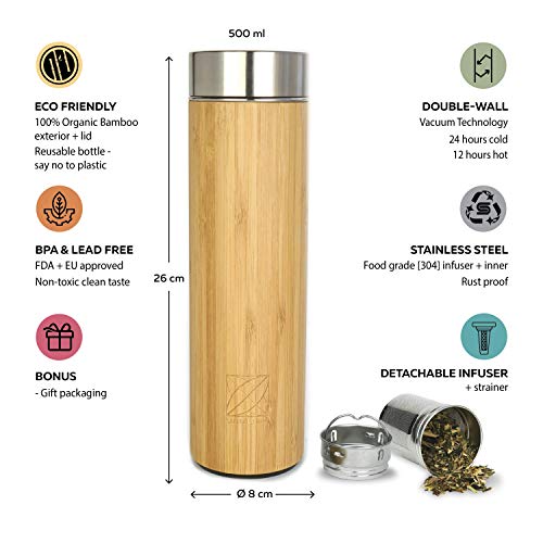 Santai Living Premium Bamboo Thermos with Tea Infuser & Super Strainer