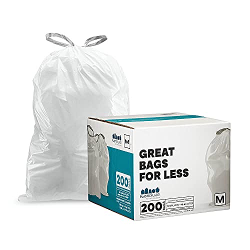 Plasticplace Custom Fit Trash Bags, Compatible with simplehuman Code M (200 Count) White Drawstring Garbage Liners 12 Gallon / 45 Liters, 21" x 30.5"