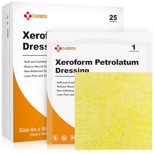 Carbou 4"x4" Medical Xeroform Petrolatum Dressing, Non-Adherent Gauze Pads, Soft Fine Mesh Gauze Patch for Wound Care, Burns, Lacerations, Skin Grafts & Surgical Incisions, 25 Individual Pack