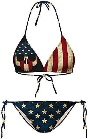 Growing Wild Womens Distressed American Flag USA Skull 2-Piece Swimsuit Bikini