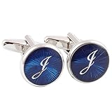 HJ Men's 2PCS Rhodium Plated Cufflinks Silver Initial Letter Shirt Wedding Business 1 Pair Set Blue J