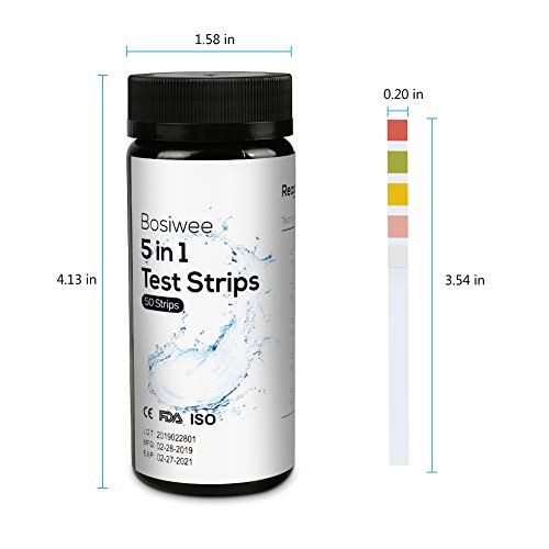Bosiwee 5 in 1 Water Chemistry Test Strips, Water Quality Test for Swimming Pool, Spa, Hot Tub, etc - Detect pH, Total Hardness, Chlorine, Bromine and Alkalinity, 50 Count