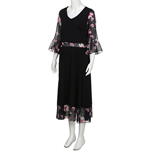 Women's Vintage Prom 3/4 Sleeve Chiffon Floral Print V Neck Cocktail Party Plus Size Swing Dress (Black, XL) - Thumbnail 3