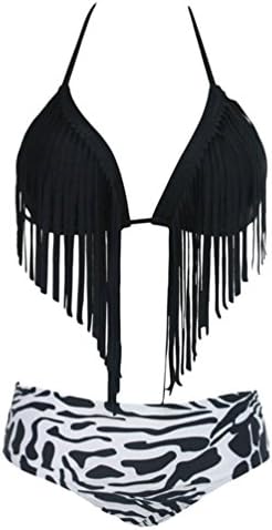 Blorse Tassel Bikini Black Bottom Bathing Suit(Black,L)