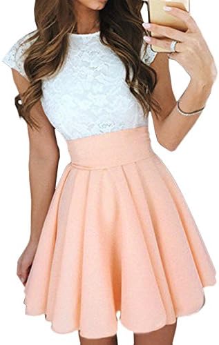 Elevesee Women's Lace A-line Sleeveless Pleated Cocktail Party Skater Skirt Dress