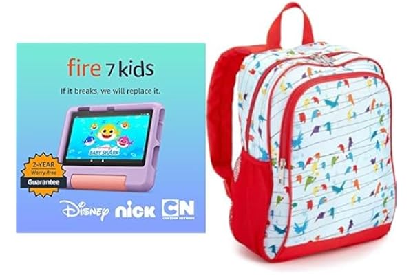 Amazon Fire 7 Kids Tablet, ages 3-7 (16 GB, Purple) + Backpack Bundle