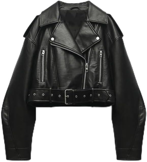 LY VAREY LIN Women Faux Leather Cropped Jacket Lapel Zipper Biker