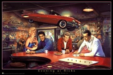 Evening at Ricks (Monroe Elvis Dean Bogart at cafe) by George Bungarda 34x22.5 Movie Art Print Poster Hollywood Celebrity