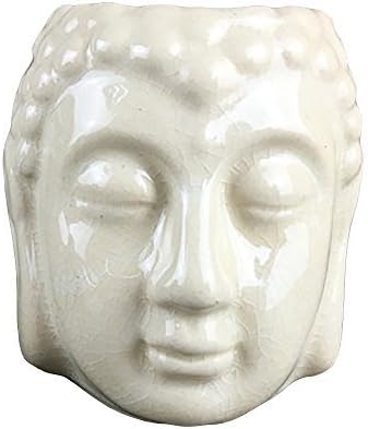 Ice Cracked Glazed Ceramic Buddha Head Tealight Candle Holder and Aromatherapy Essential Oil Burner (Beige)
