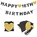 AERZETIX Happy 16th Birthday Banner Black Glitter 16 Years Old Bday Anniversary Party Decoration Sign for Girls Boys