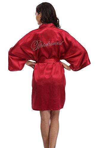 Women's Satin Rhinestone Short Wedding Kimono Robe for Bridesmaid, Red XS