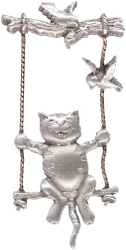 Animal World - Cat on Tree Swing Metal Pin Silver
