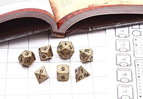 Forged Dice Co. Metal Polyhedral Dice (Set of 7 Polyhedral w/Tin, Ancient Gold w/Black Numbers Set of 7 Polyhedral w/Tin)