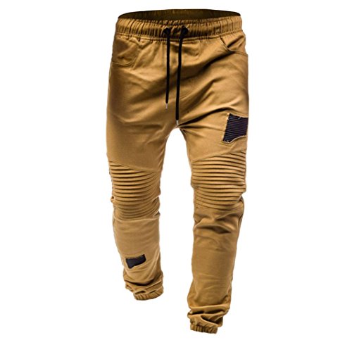 DEATU Joggers Pants Men's Classic Drawstring Zipper Pockets Sport Sweat Pants (M, Khaki)