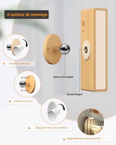 DetarZinLED Set of 2 Wooden Indoor Wall Lamp, USB Rechargeable Wireless Wall Lamp, Brightness Adjustment Light for Bedroom, Touch Bedside Lamp
